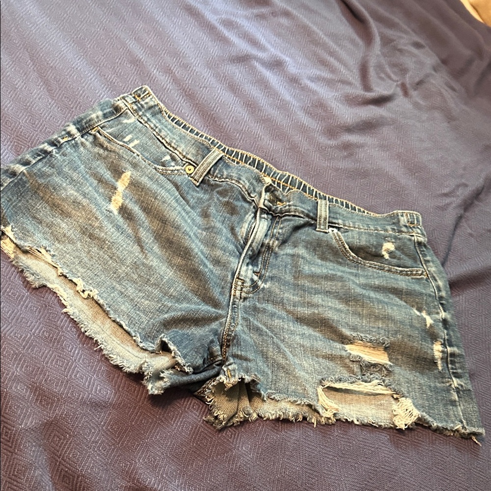Aerie Blue Distressed Jean Shorts with Frayed Hem